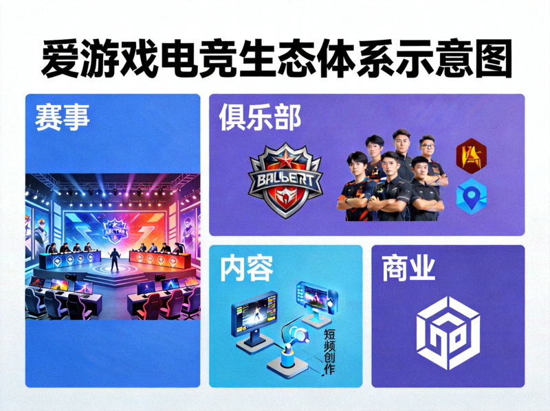爱游戏电竞生态体系示意图 - 展示赛事、俱乐部、内容、商业四大板块