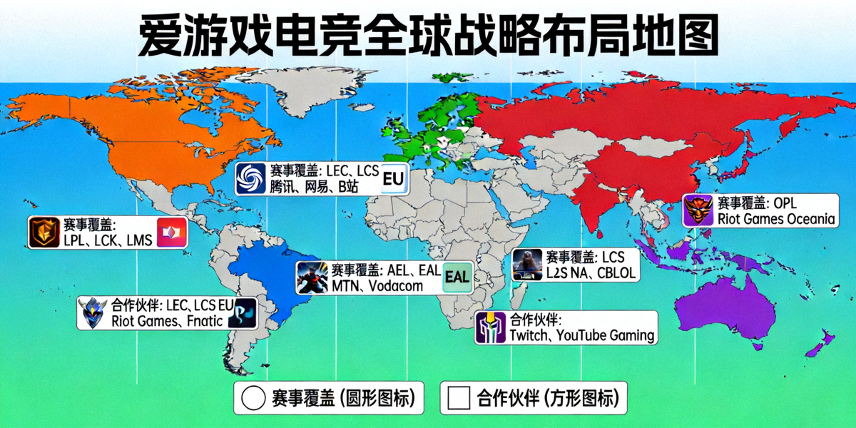 爱游戏电竞全球战略布局地图 - 展示五大洲赛事覆盖与合作伙伴分布