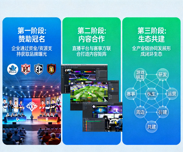 电竞产业合作模式演进路径示意图 - 从赞助冠名到生态共建的三阶段发展