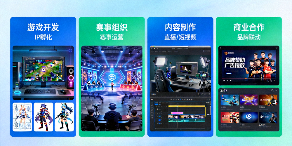 电竞产业生态系统示意图 - 展示从游戏开发、赛事组织、内容制作到商业合作的完整价值链