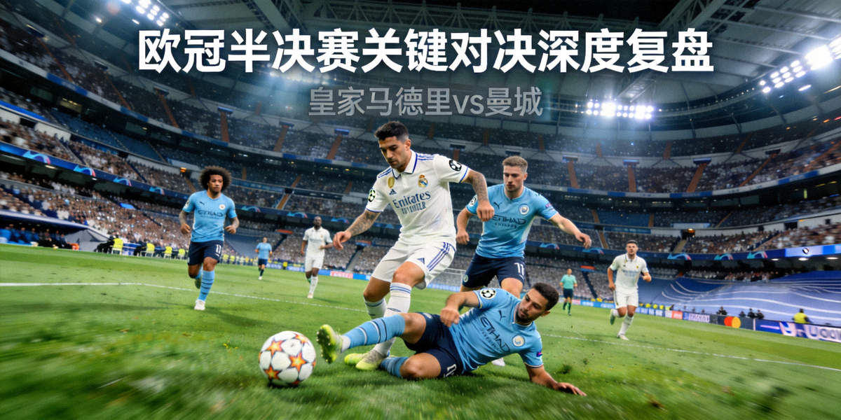 欧冠半决赛关键对决深度复盘 - 皇家马德里与曼城球员在伯纳乌球场激烈拼抢的广角镜头