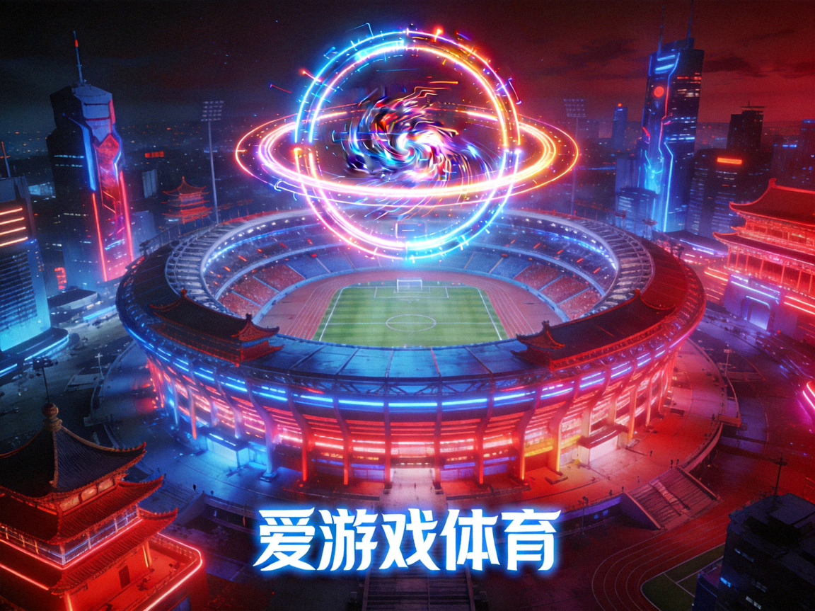 爱游戏体育赛博国潮世界观主视觉，未来都市霓虹体育场馆与发光竞技圆环